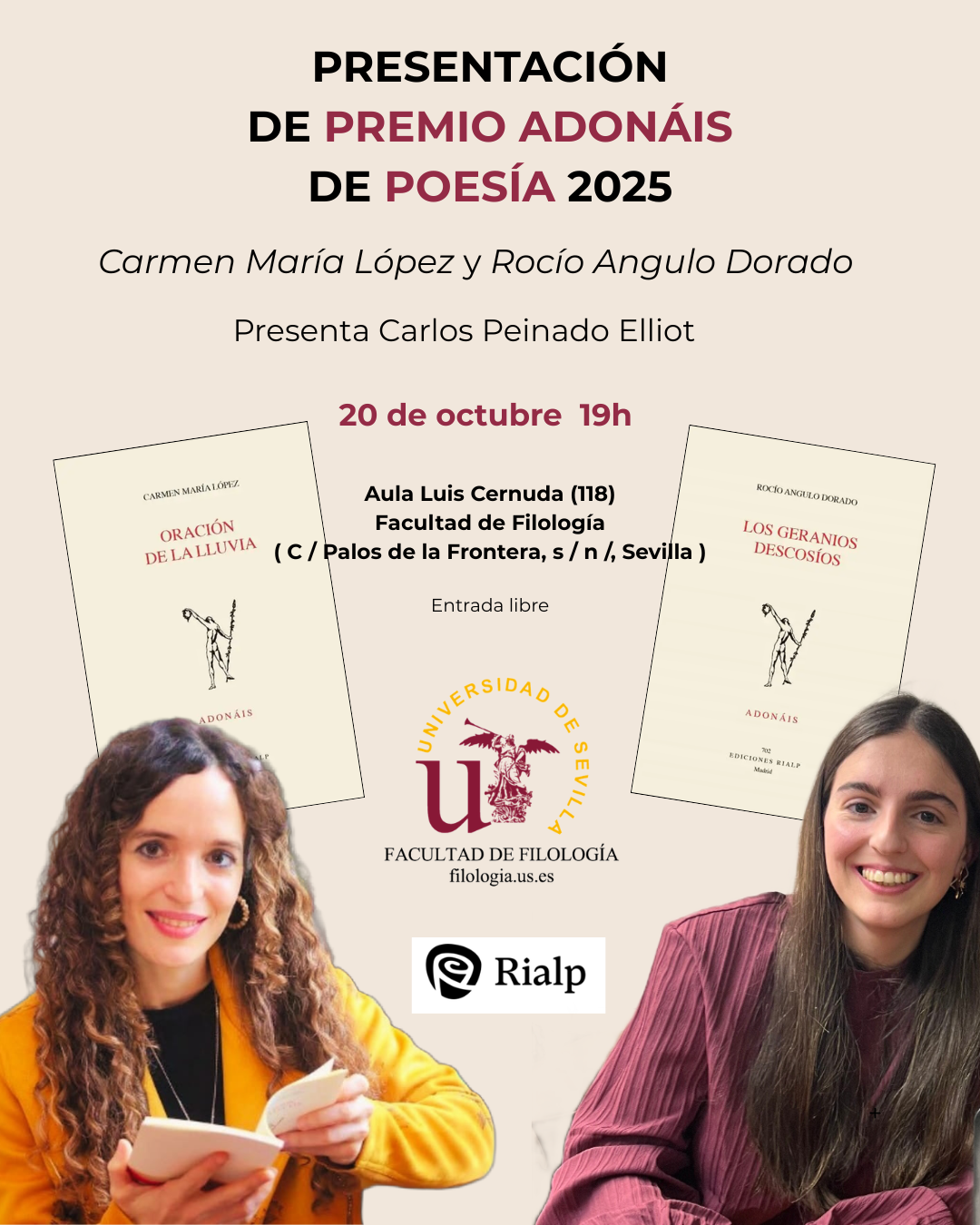 Cartel de la presentación del Premio Adonáis de Poesía 2025, con Carmen María López y Rocío Angulo Dorado, el 20 de octubre a las 19:00 h en el Aula Luis Cernuda de la Facultad de Filología
